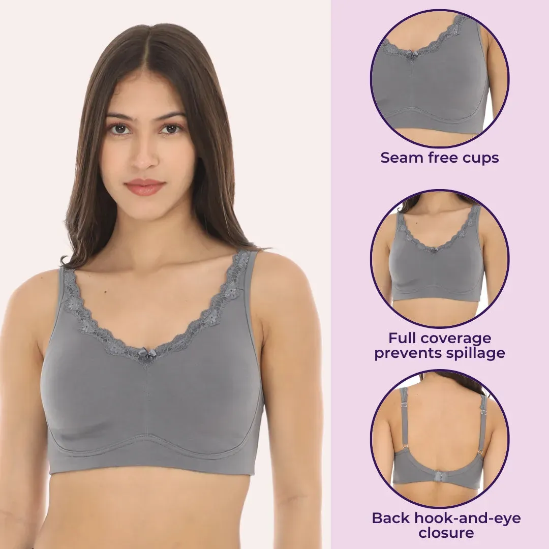 Cotton Bra | Lace Detailing | Full Coverage | Wire-Free & Non-Padded | Seamless Cups | No Centre Panel | Hidden Side Panels
