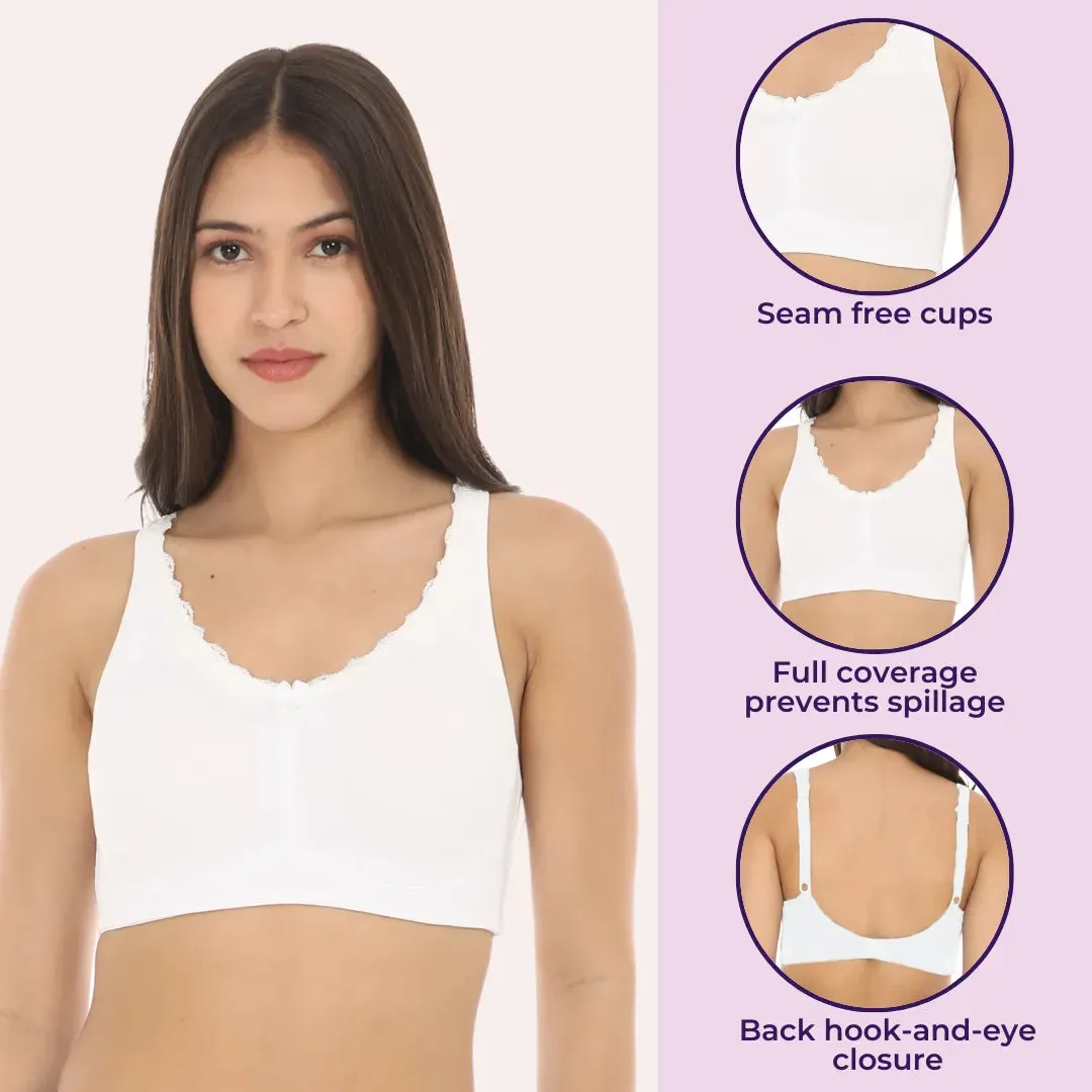 Cotton Bra | Lace Detailing | Full Coverage | Wire-Free & Non-Padded | Seamless Cups | No Centre Panel | Hidden Side Panels