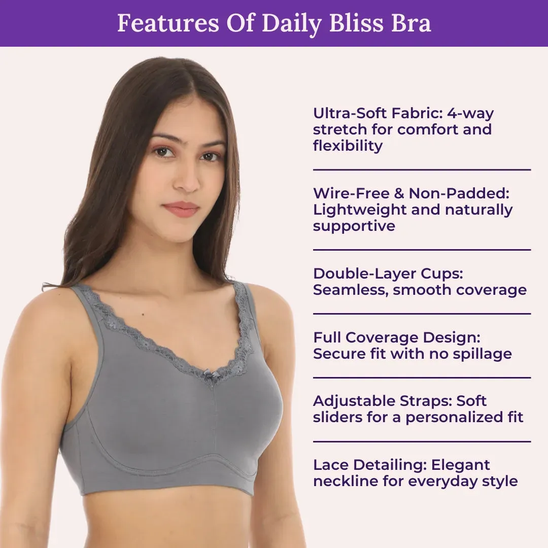 Cotton Bra | Lace Detailing | Full Coverage | Wire-Free & Non-Padded | Seamless Cups | No Centre Panel | Hidden Side Panels