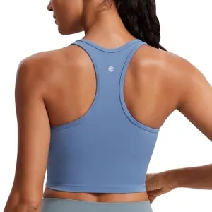 CRZ YOGA Butterluxe Womens Y-Back Racerback Longline Sports Bra - Padded Scoop Neck Workout Crop Tank Top with Built in Pads Oasis Blue