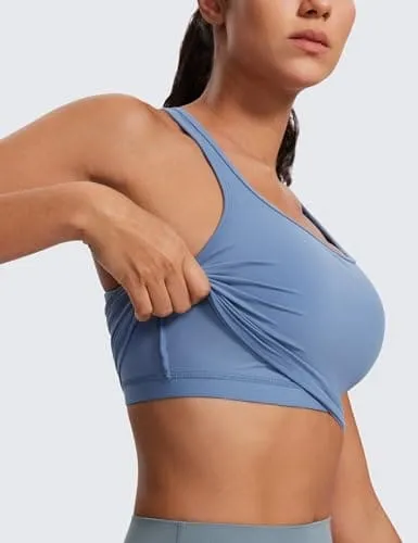 CRZ YOGA Butterluxe Womens Y-Back Racerback Longline Sports Bra - Padded Scoop Neck Workout Crop Tank Top with Built in Pads Oasis Blue