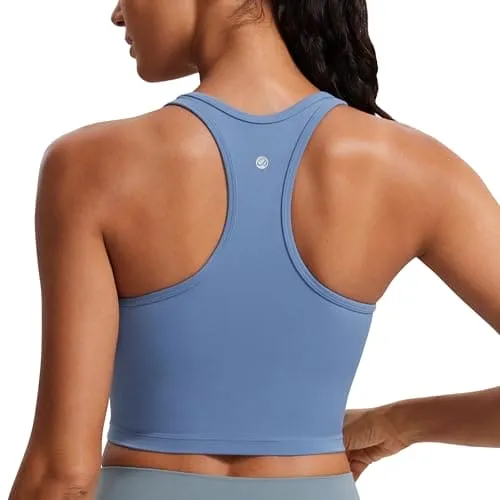 CRZ YOGA Butterluxe Womens Y-Back Racerback Longline Sports Bra - Padded Scoop Neck Workout Crop Tank Top with Built in Pads Oasis Blue