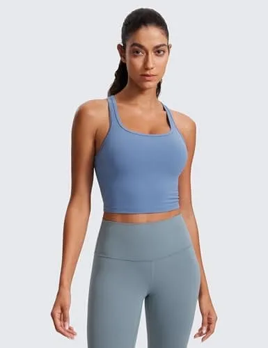 CRZ YOGA Butterluxe Womens Y-Back Racerback Longline Sports Bra - Padded Scoop Neck Workout Crop Tank Top with Built in Pads Oasis Blue