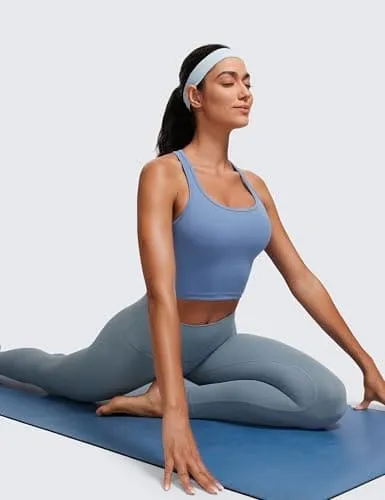 CRZ YOGA Butterluxe Womens Y-Back Racerback Longline Sports Bra - Padded Scoop Neck Workout Crop Tank Top with Built in Pads Oasis Blue