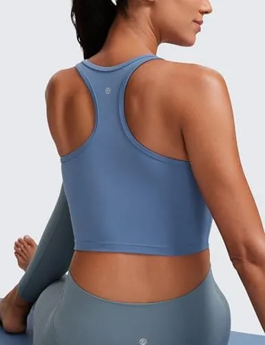 CRZ YOGA Butterluxe Womens Y-Back Racerback Longline Sports Bra - Padded Scoop Neck Workout Crop Tank Top with Built in Pads Oasis Blue