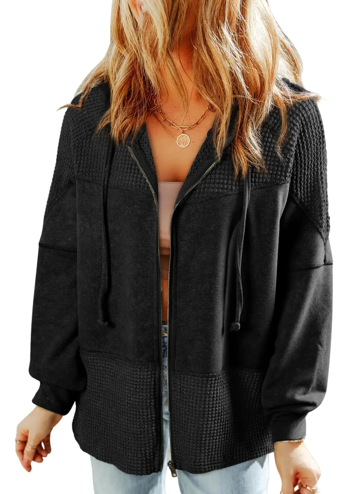 Dokotoo Waffle Knit Hoodies for Womens Fall 2024 Zip Up Drawstring Tops Cute Fall Outfits Casual Trendy Clothing Lightweight Jackets Plus SizeBlack Small