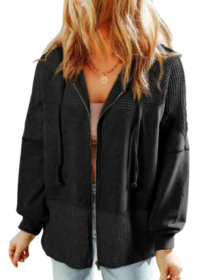 Dokotoo Waffle Knit Hoodies for Womens Fall 2024 Zip Up Drawstring Tops Cute Fall Outfits Casual Trendy Clothing Lightweight Jackets Plus SizeBlack Small