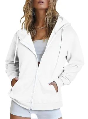 Dokotoo Womens Fall Solid Full Zip Up Hoodies Long Sleeve Oversized Hooded Ladies Sweatshirts Pockets Jacket Coat for Women 2024 Fashion Casual 4XLarge White