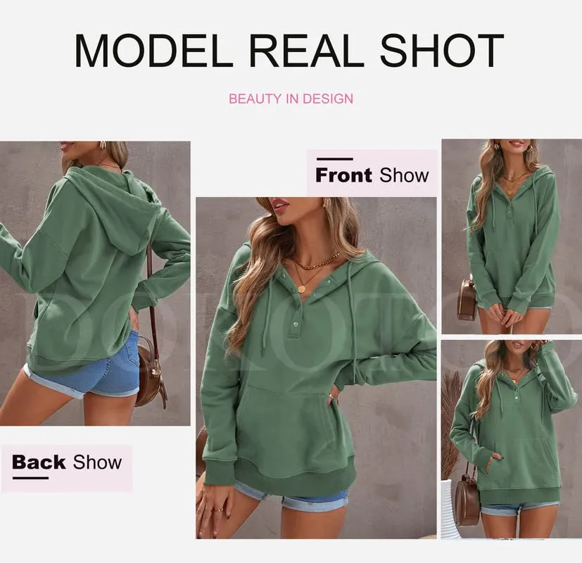 Dokotoo Women's Fashion Hoodies & Sweatshirts Drawstring Long Sleeve Front Button Collar Hooded Pullovers with Pockets Winter Sweatshirts Loose Fit Casual Ladies Fall Shirt Tops
