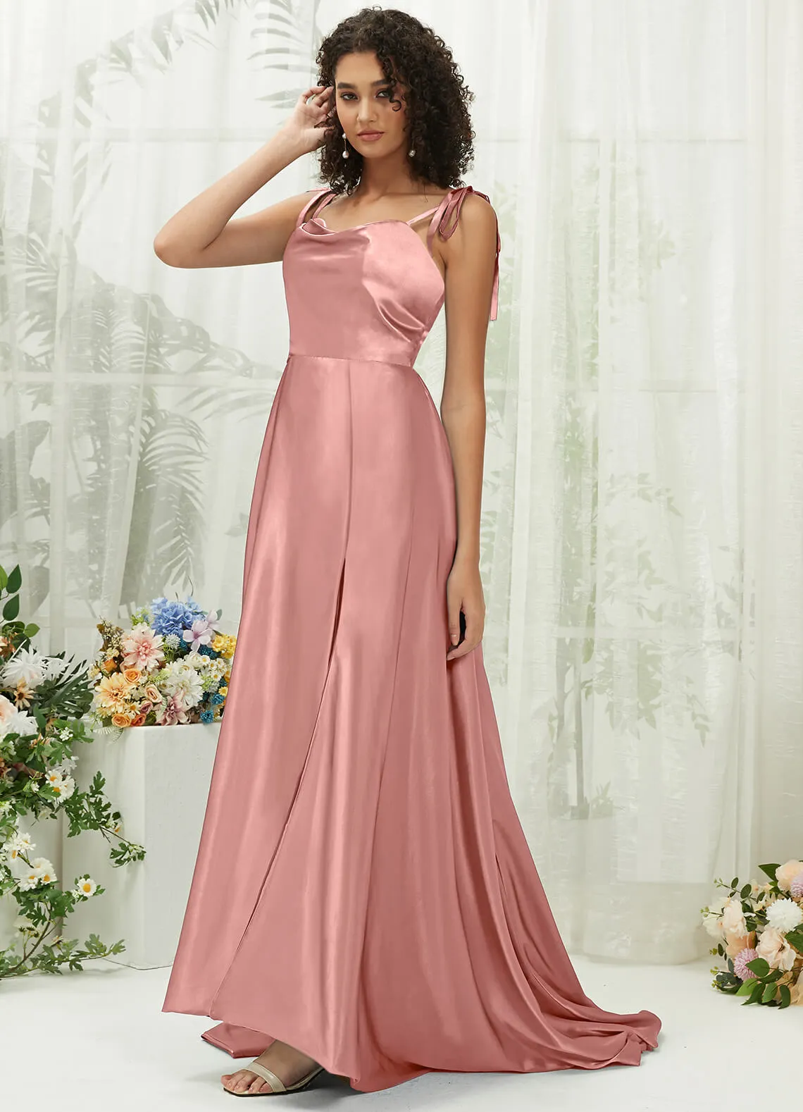 Dusty Pink Satin Sweetheart Adjustable Straps Formal Gown With Pocket