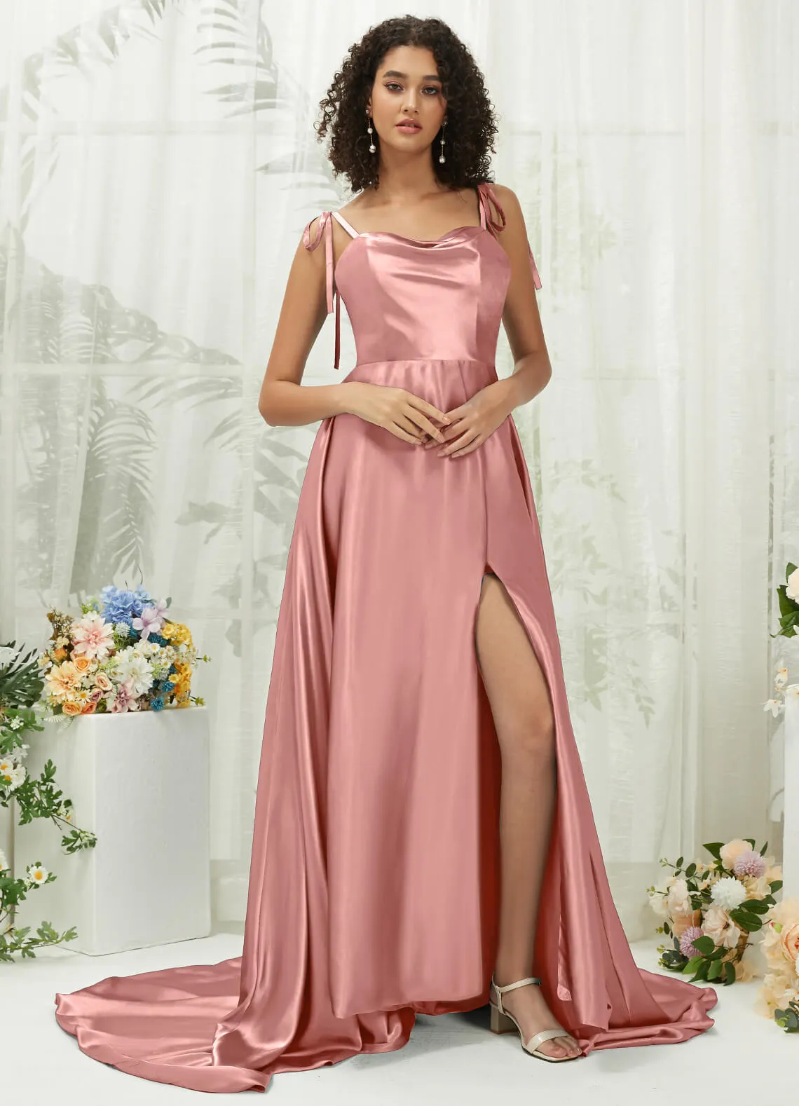 Dusty Pink Satin Sweetheart Adjustable Straps Formal Gown With Pocket