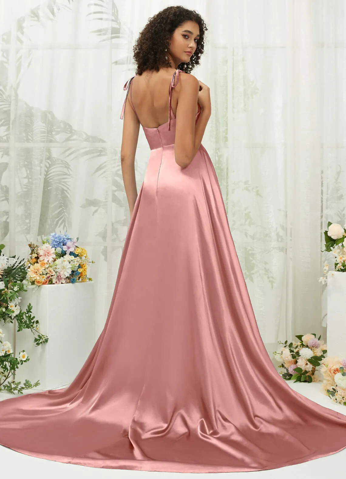 Dusty Pink Satin Sweetheart Adjustable Straps Formal Gown With Pocket
