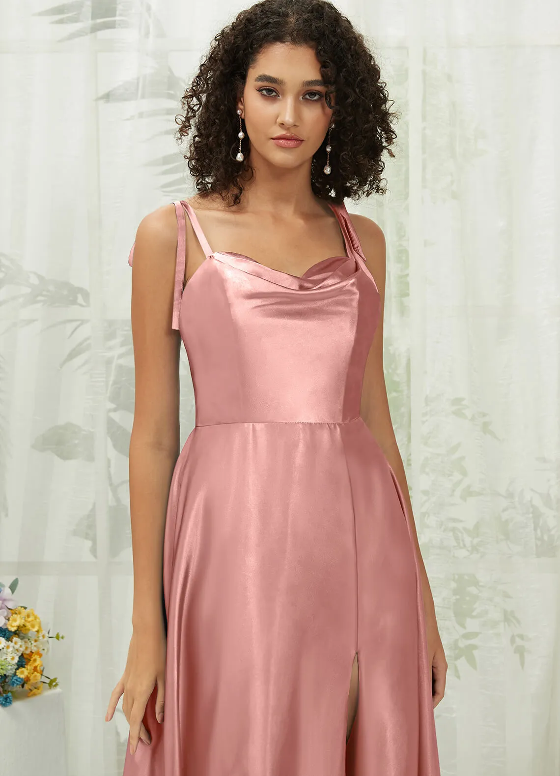 Dusty Pink Satin Sweetheart Adjustable Straps Formal Gown With Pocket