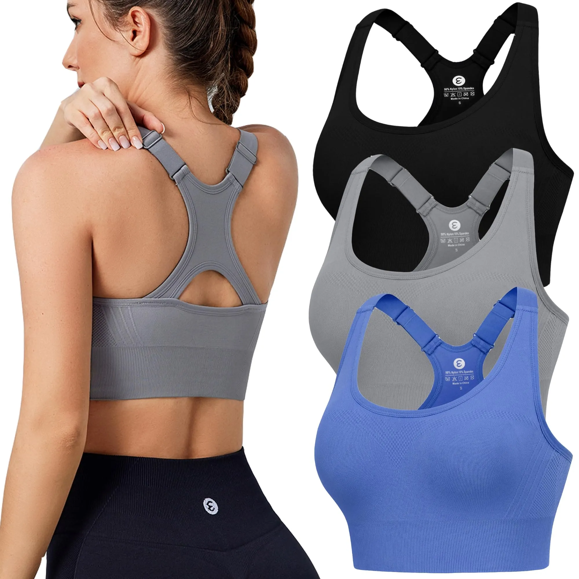 Evercute Adjustable Sports Bras for Women Racerback High Support Bras Set Padded Workout Bras Seamless Yoga Athletic Bras