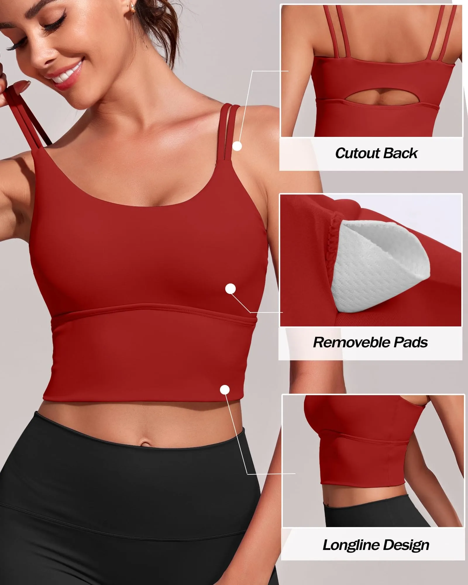 Everrysea Longline Sports Bra for Women Padded Workout Tank Tops Built in Bras Strappy Yoga Corp Top Camisole