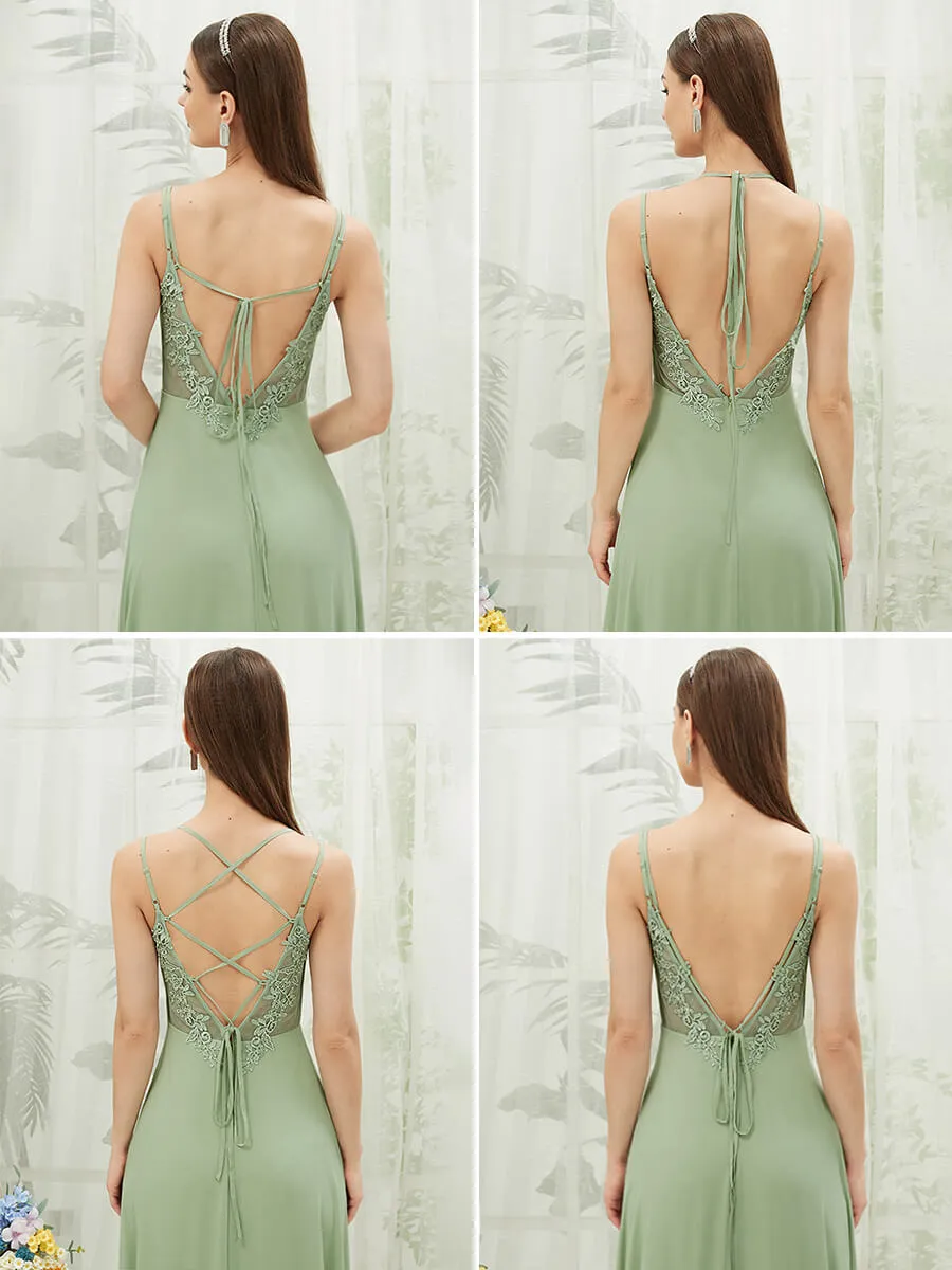 [Final Sale] Adjustable Straps Multi Way Open V Back Lace Applique Bridesmaid Dress