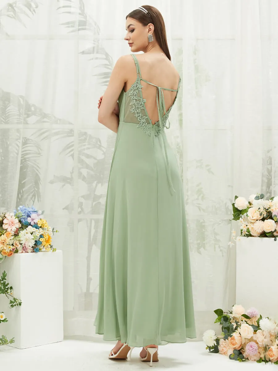 [Final Sale] Adjustable Straps Multi Way Open V Back Lace Applique Bridesmaid Dress