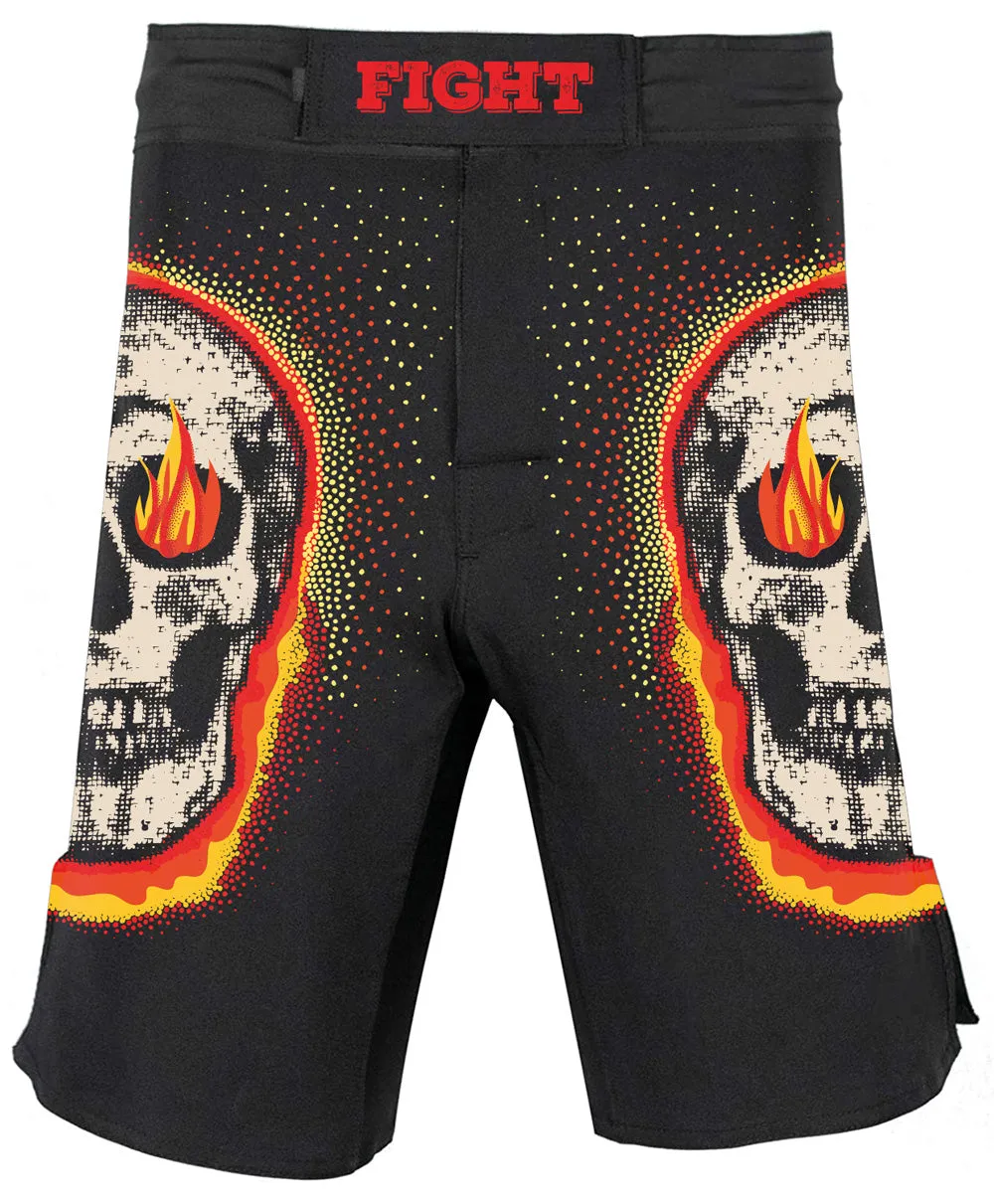 Fire Eyes Skull Mens Gym Workout BJJ Shorts