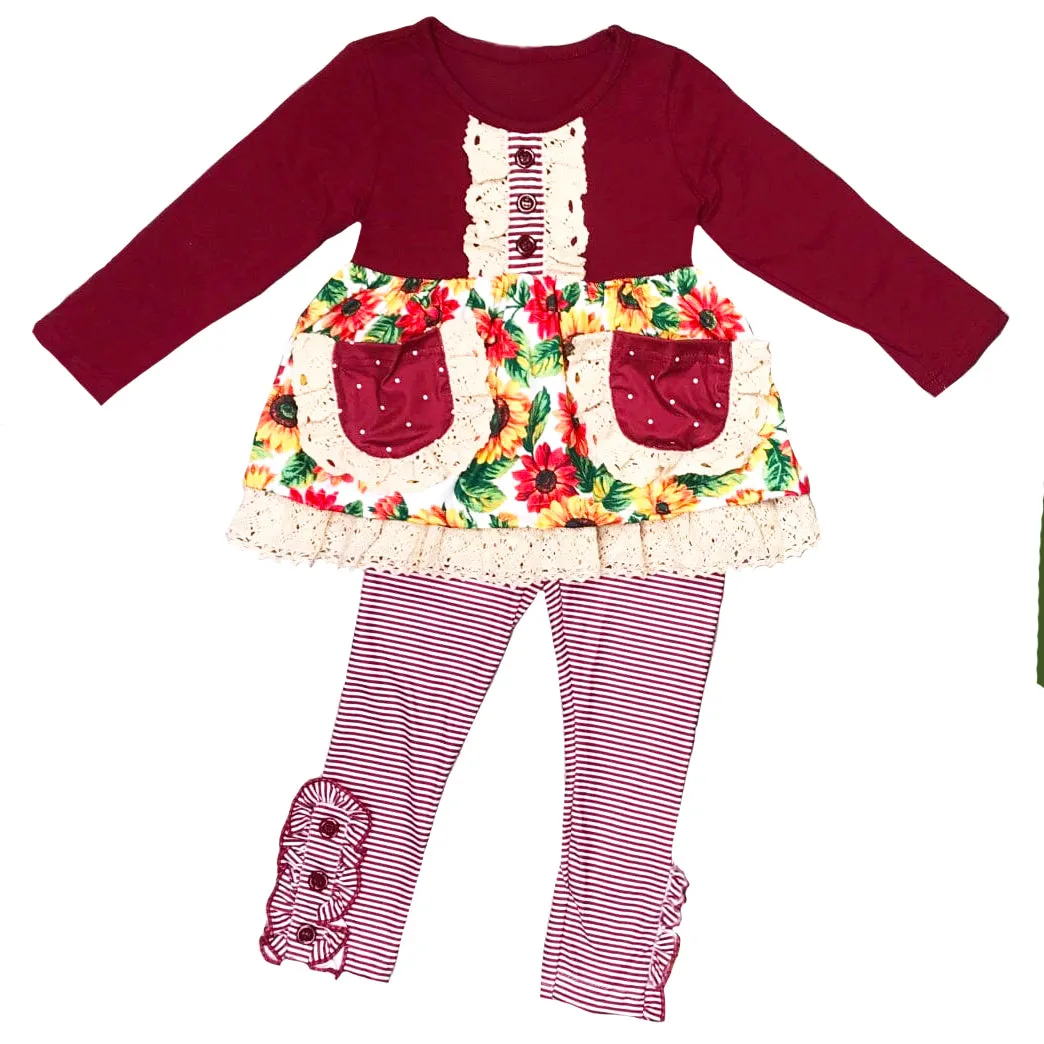 Girls Boutique Holiday Outfit Burgundy Ruffle Tunic & Striped Leggings