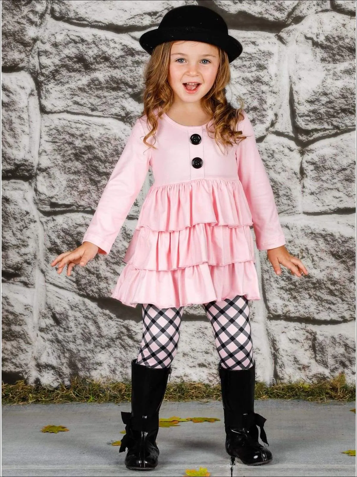 Girls Faux Button Tiered Ruffled Tunic & Printed Leggings Set