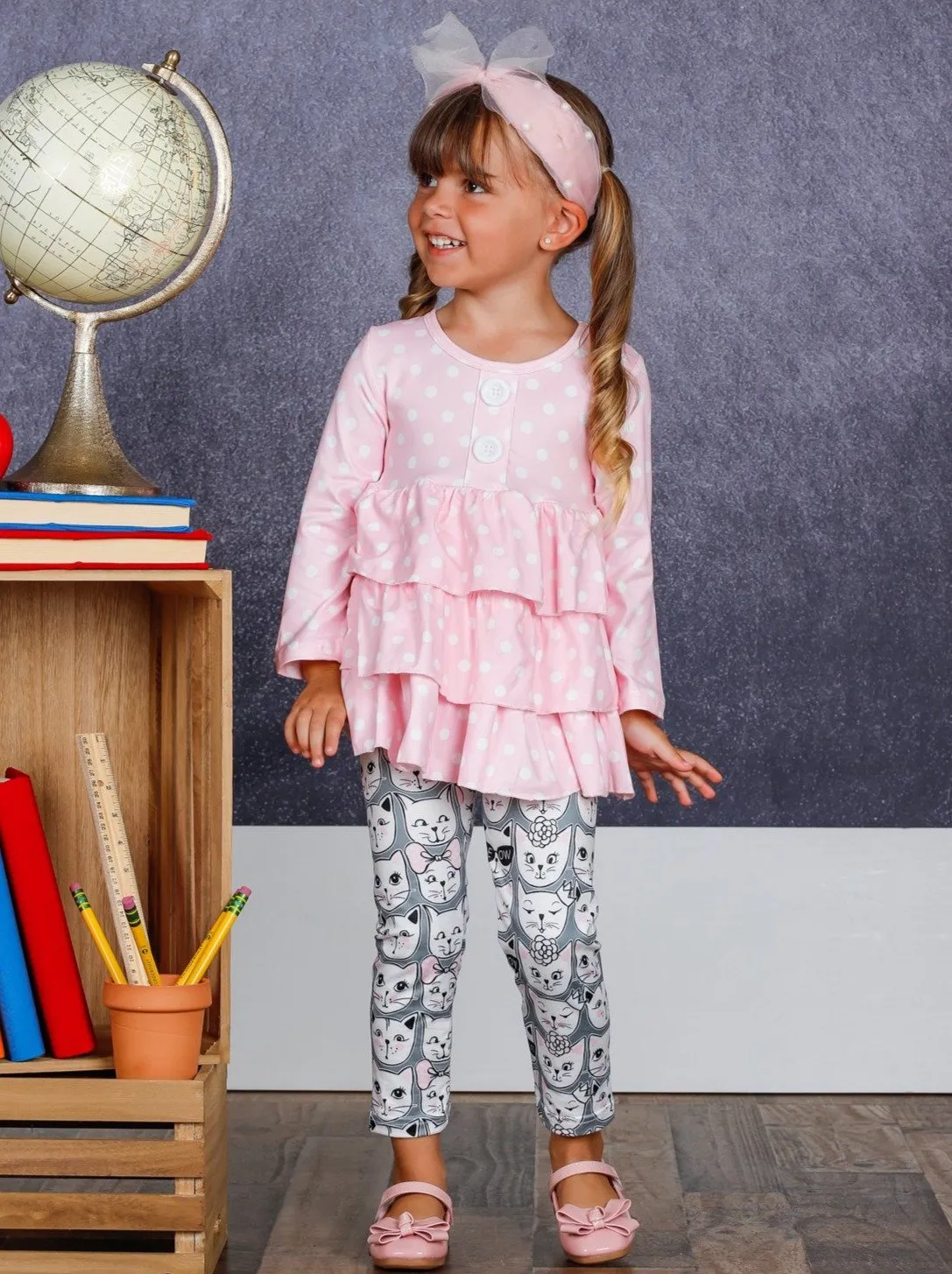 Girls Faux Button Tiered Ruffled Tunic & Printed Leggings Set
