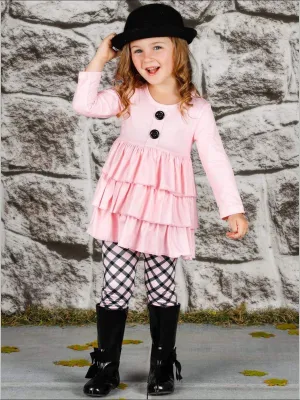 Girls Faux Button Tiered Ruffled Tunic & Printed Leggings Set