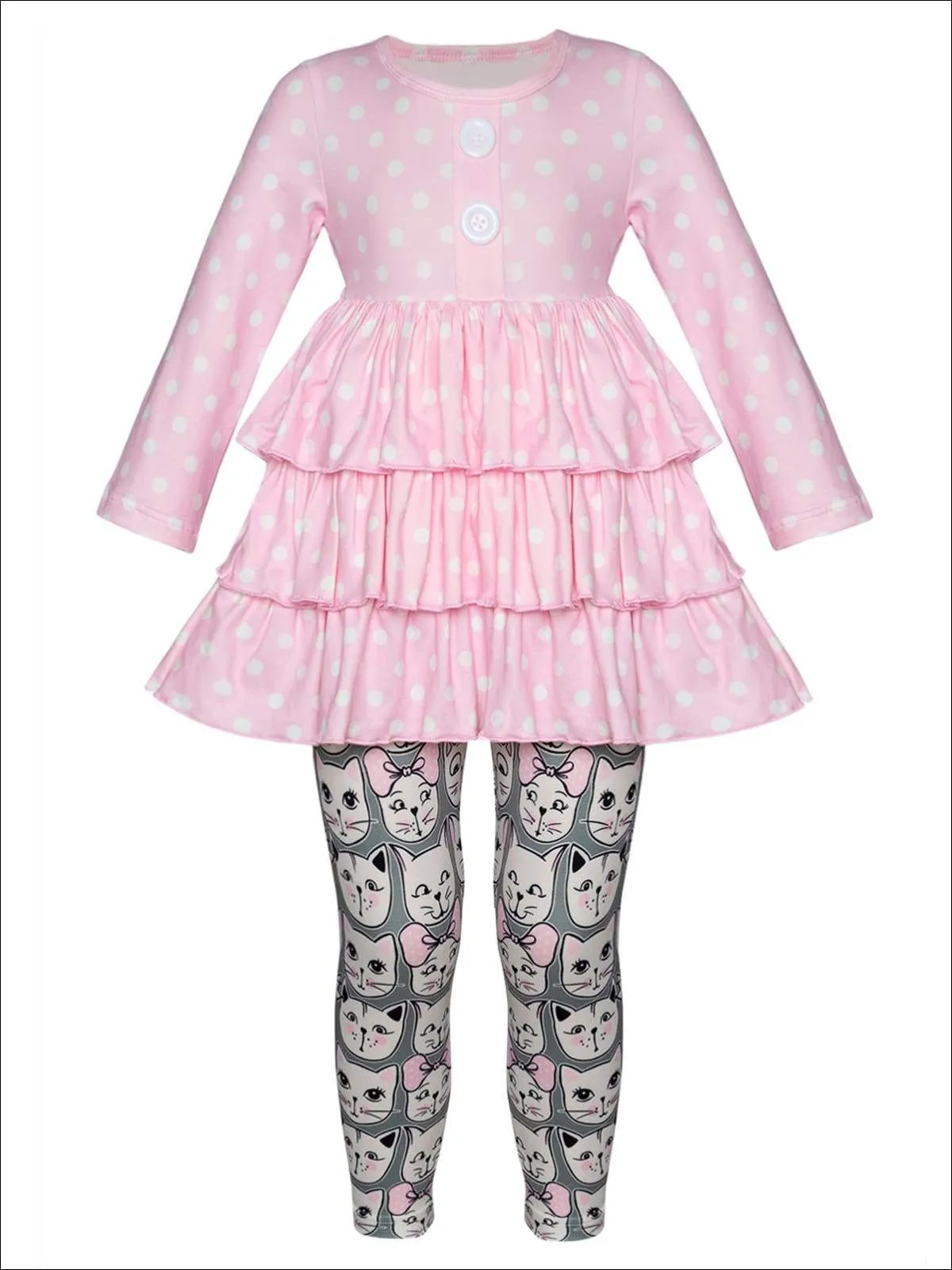 Girls Faux Button Tiered Ruffled Tunic & Printed Leggings Set