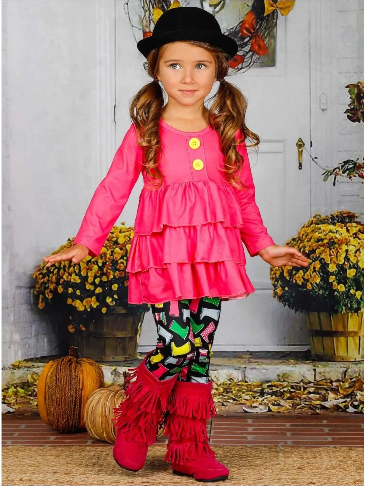 Girls Faux Button Tiered Ruffled Tunic & Printed Leggings Set