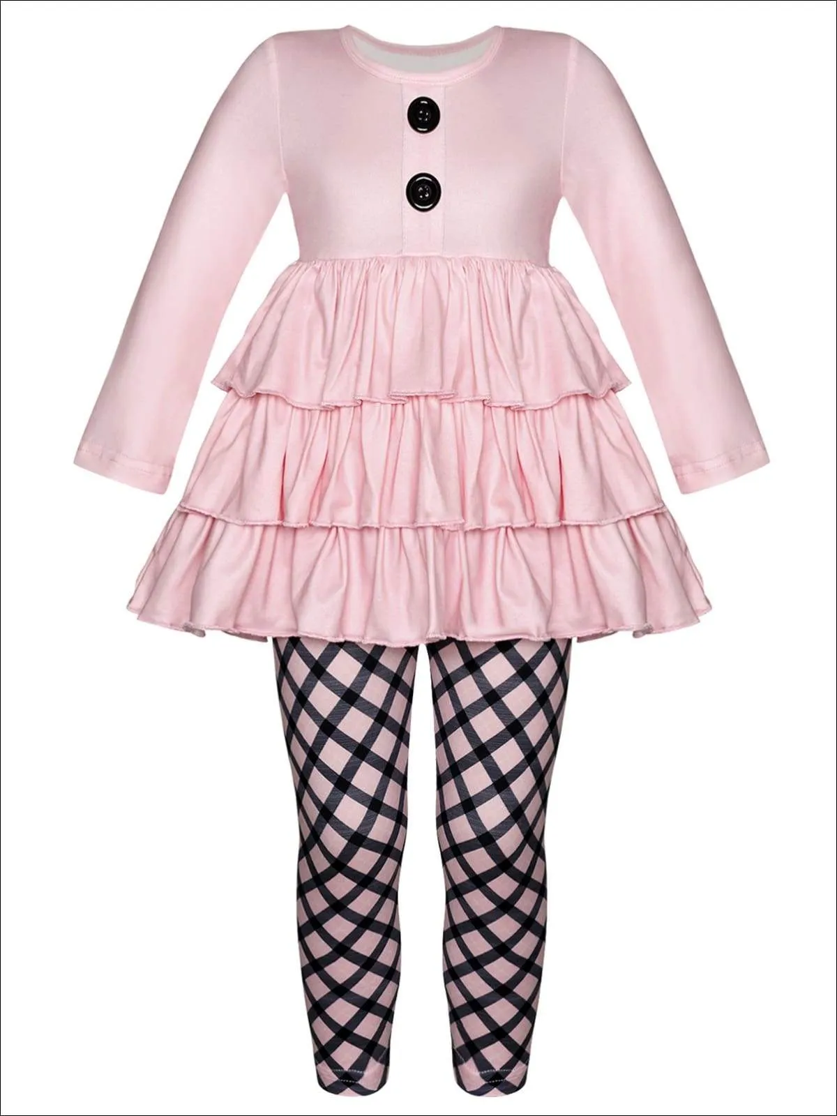 Girls Faux Button Tiered Ruffled Tunic & Printed Leggings Set