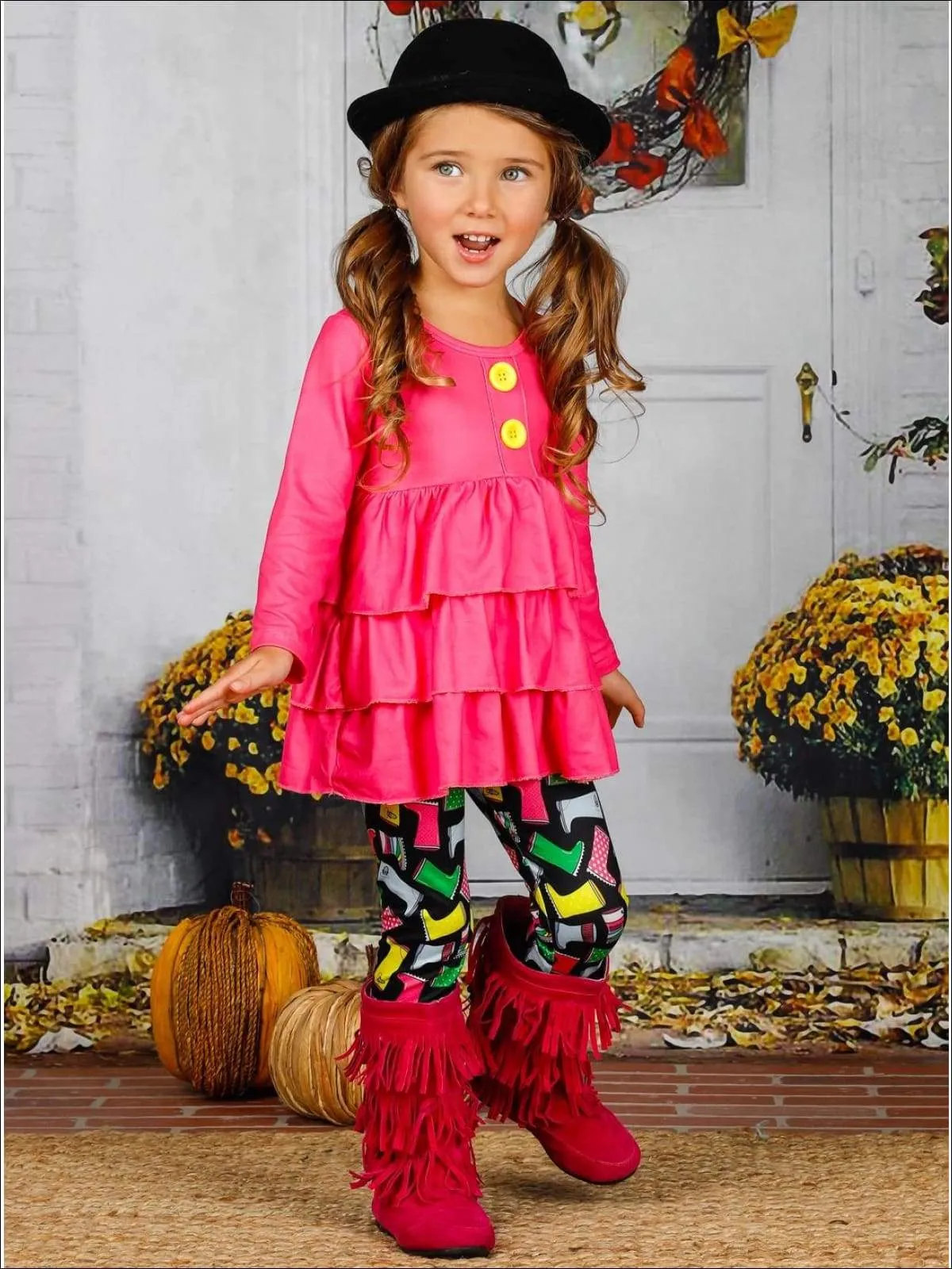 Girls Faux Button Tiered Ruffled Tunic & Printed Leggings Set