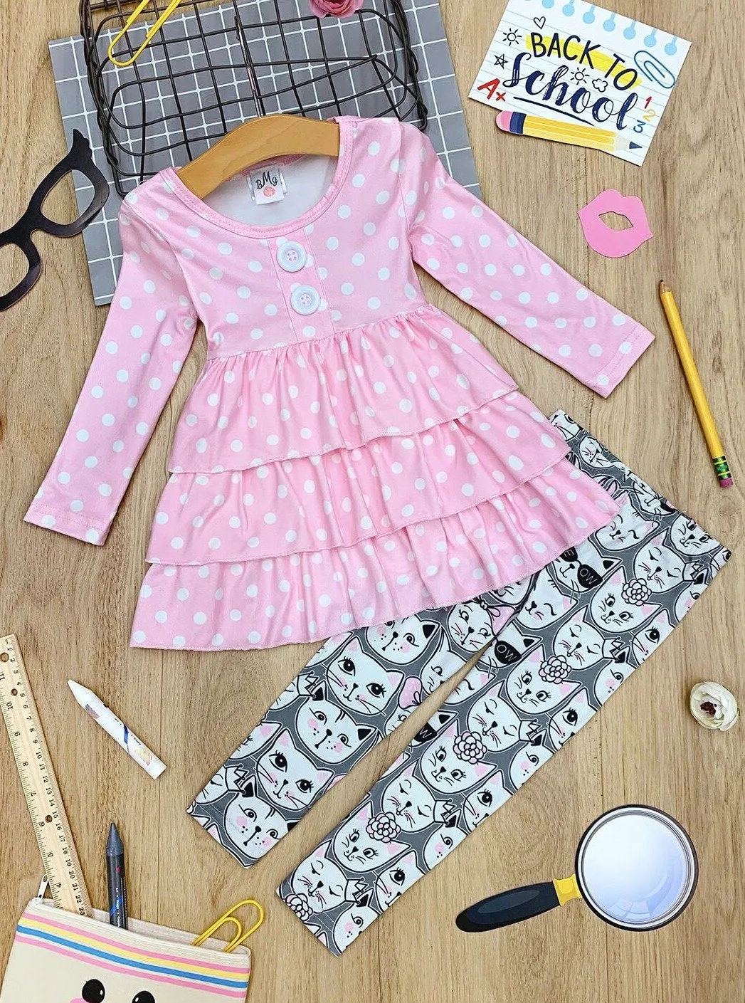 Girls Faux Button Tiered Ruffled Tunic & Printed Leggings Set