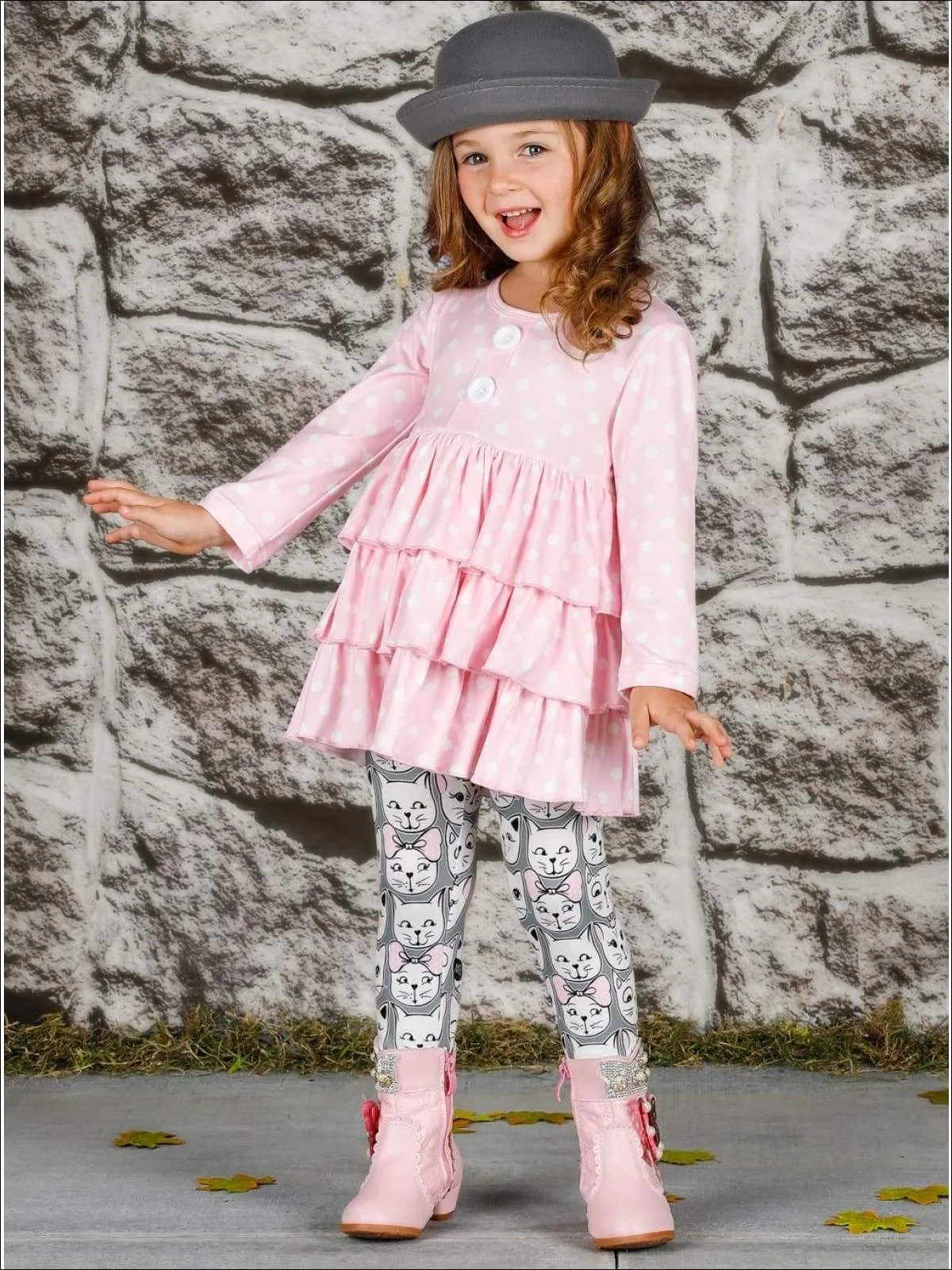 Girls Faux Button Tiered Ruffled Tunic & Printed Leggings Set