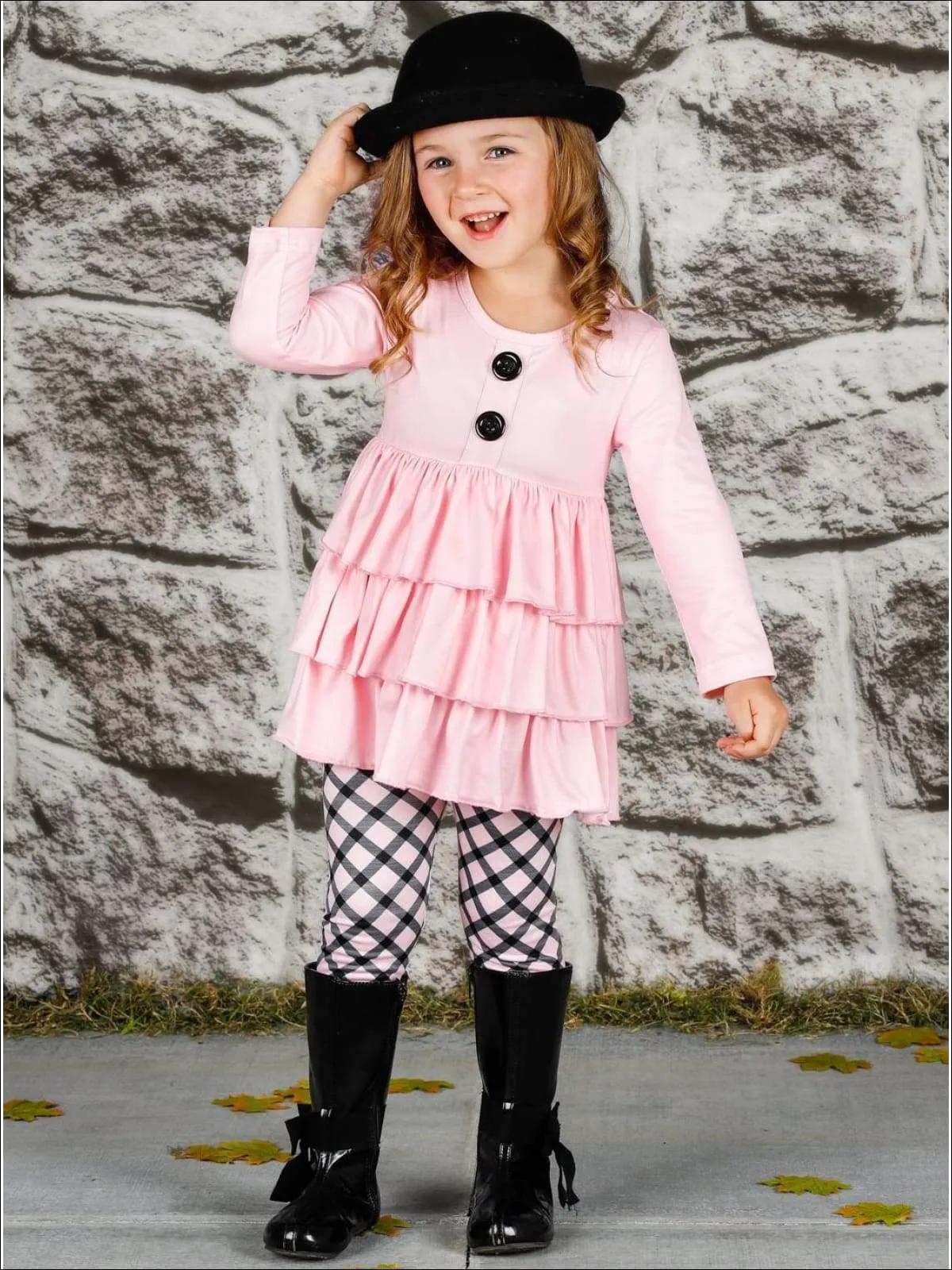 Girls Faux Button Tiered Ruffled Tunic & Printed Leggings Set