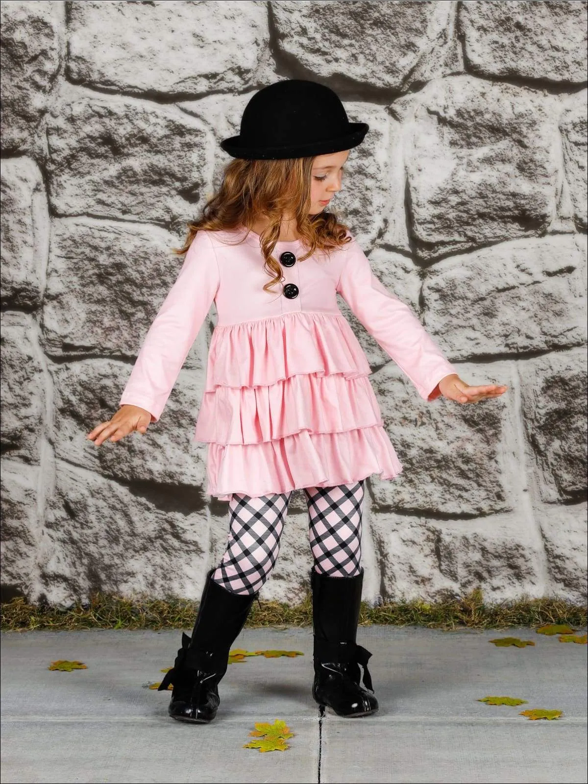 Girls Faux Button Tiered Ruffled Tunic & Printed Leggings Set