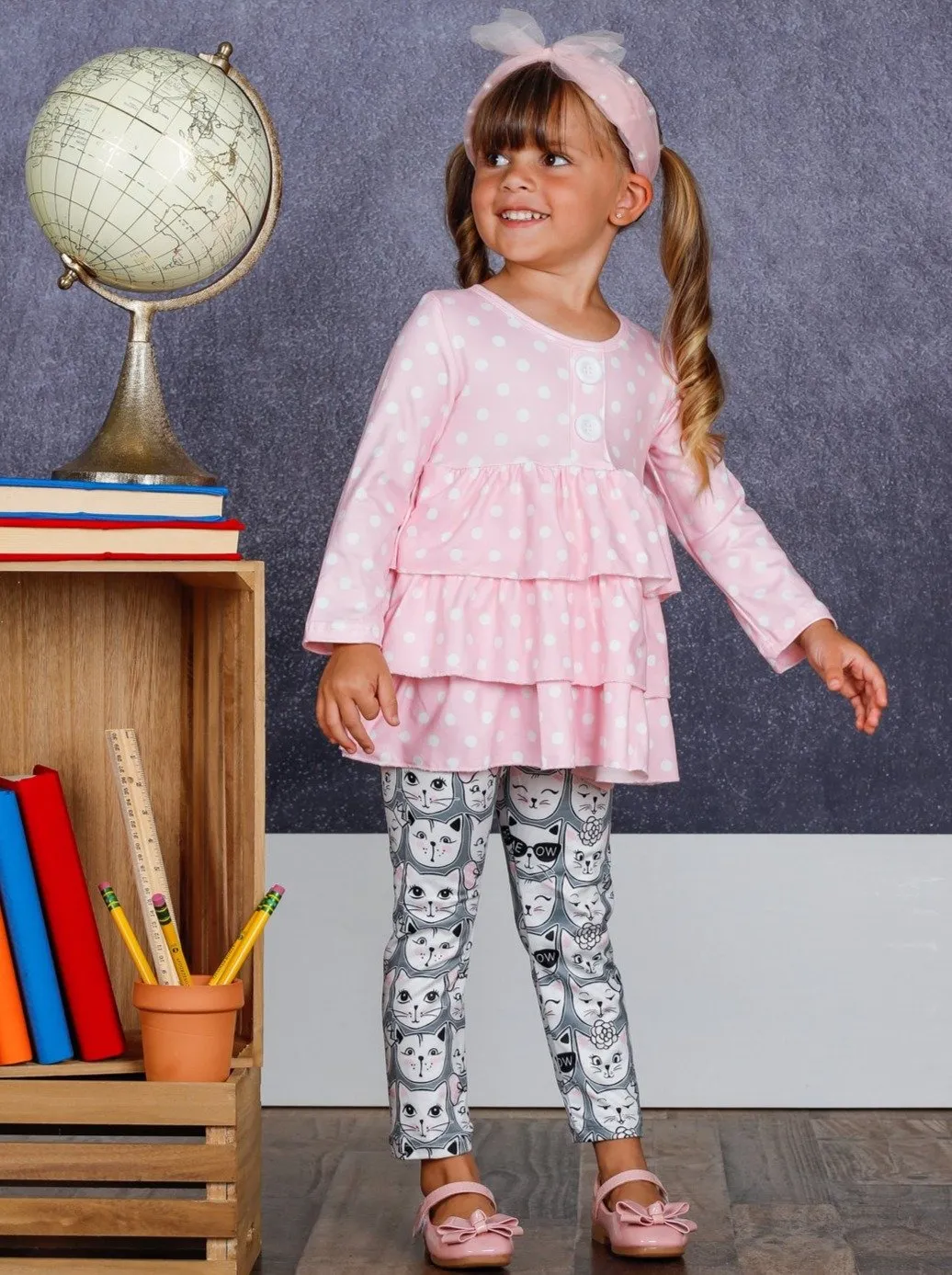 Girls Faux Button Tiered Ruffled Tunic & Printed Leggings Set