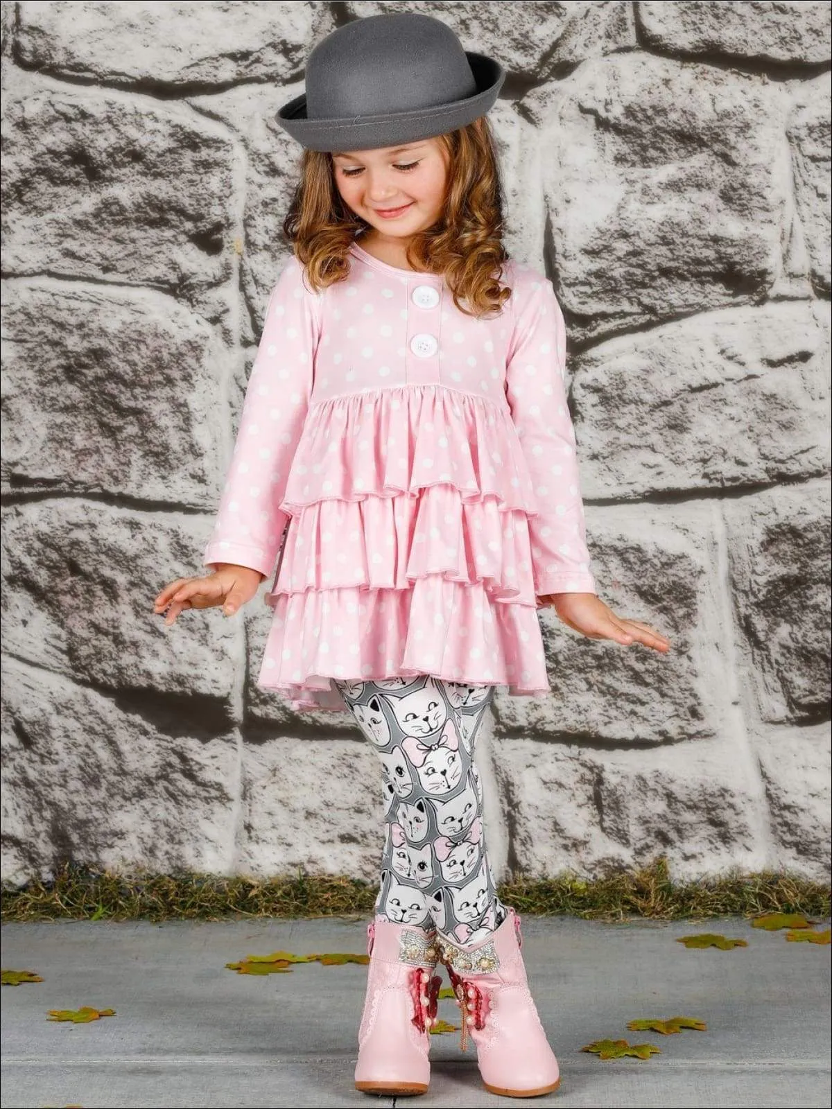 Girls Faux Button Tiered Ruffled Tunic & Printed Leggings Set