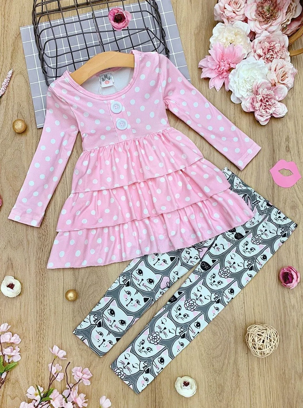 Girls Faux Button Tiered Ruffled Tunic & Printed Leggings Set