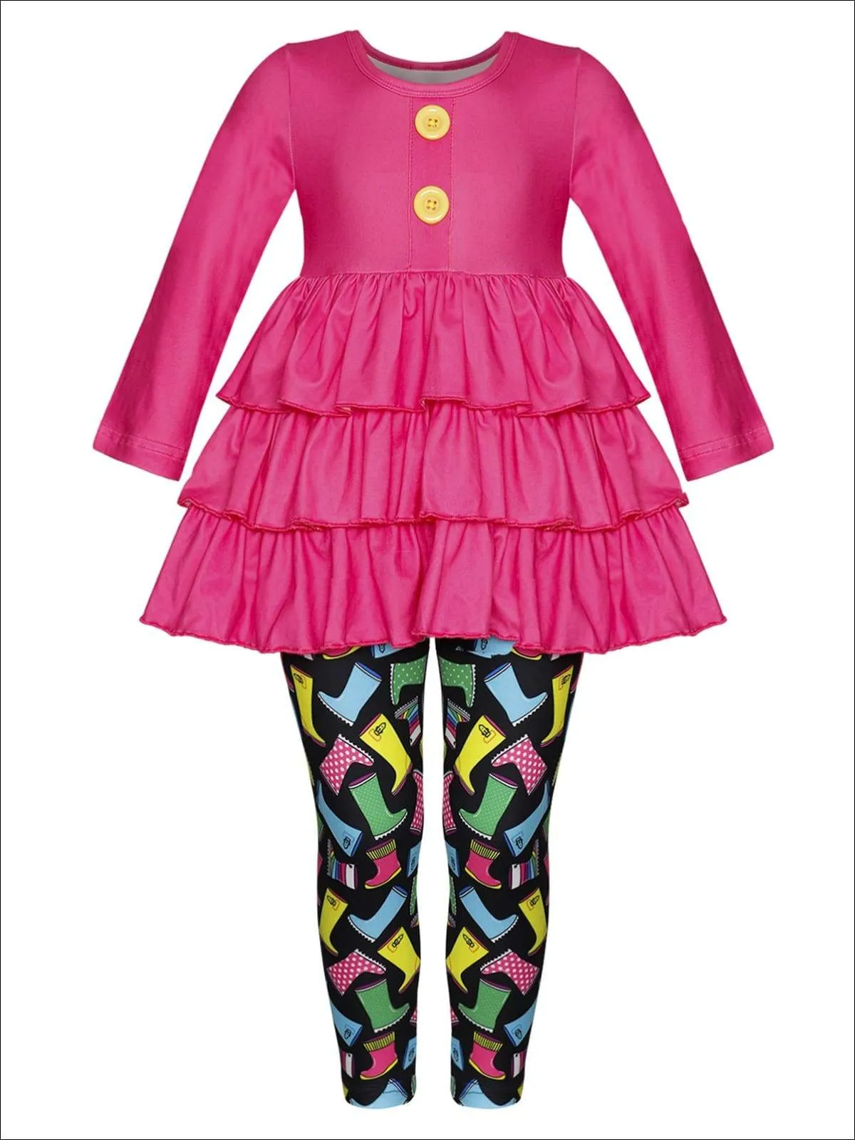 Girls Faux Button Tiered Ruffled Tunic & Printed Leggings Set