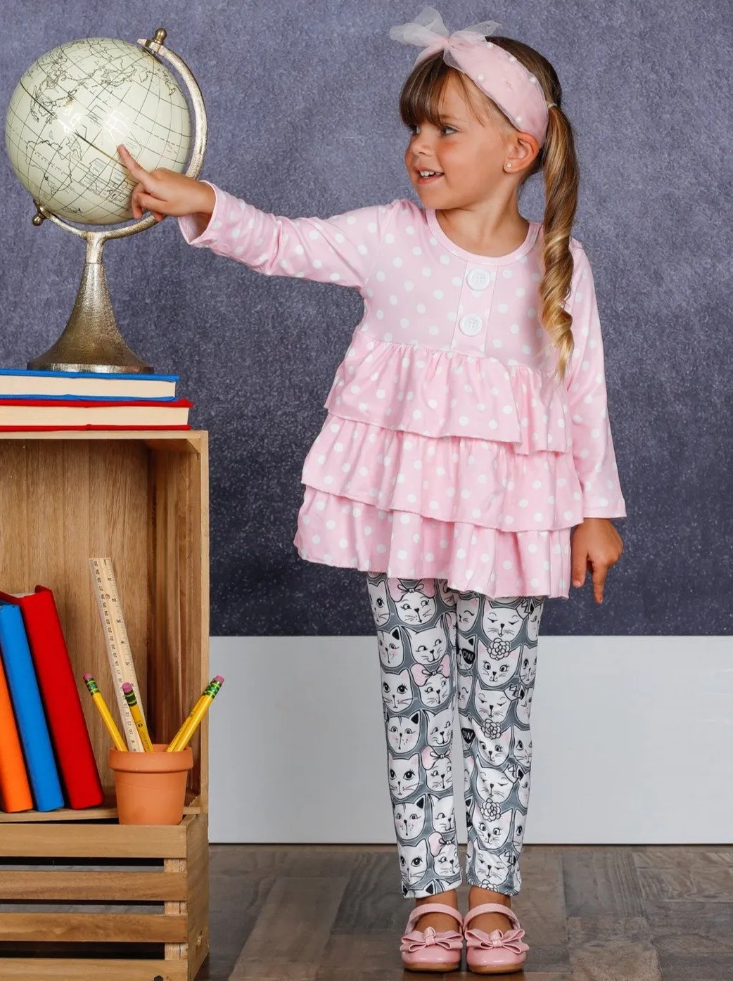 Girls Faux Button Tiered Ruffled Tunic & Printed Leggings Set