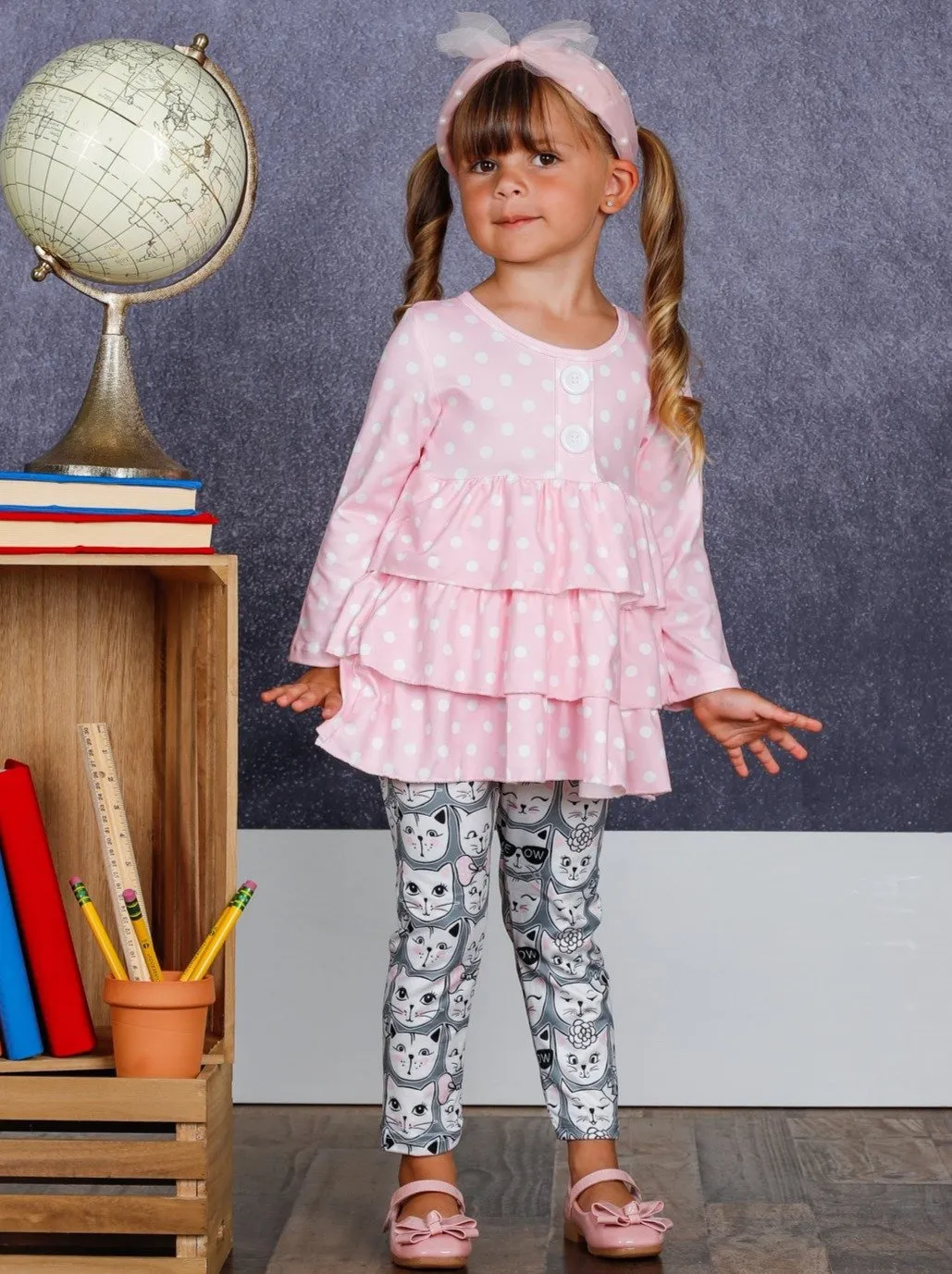 Girls Faux Button Tiered Ruffled Tunic & Printed Leggings Set