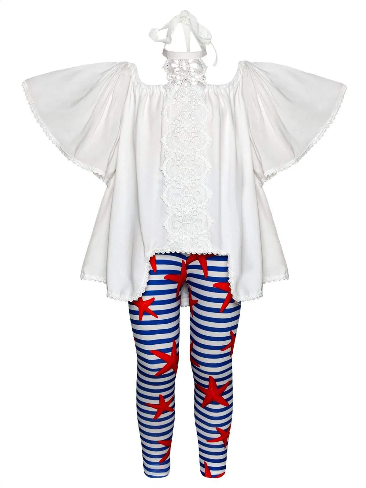 Girls Lace Trim Halter Neck Tie Top & Printed Leggings Set