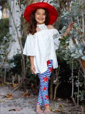 Girls Lace Trim Halter Neck Tie Top & Printed Leggings Set