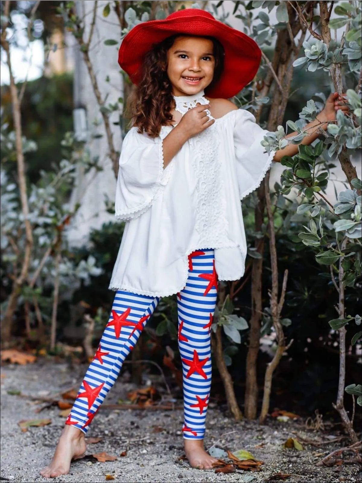 Girls Lace Trim Halter Neck Tie Top & Printed Leggings Set