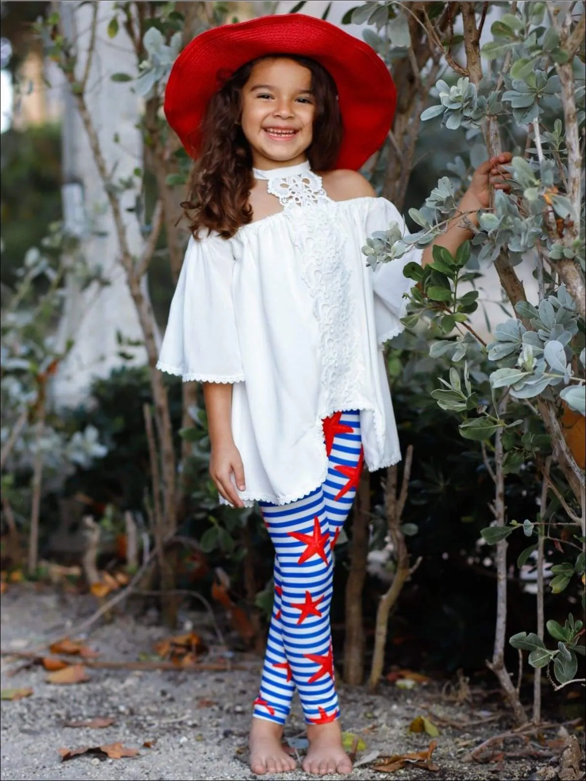 Girls Lace Trim Halter Neck Tie Top & Printed Leggings Set
