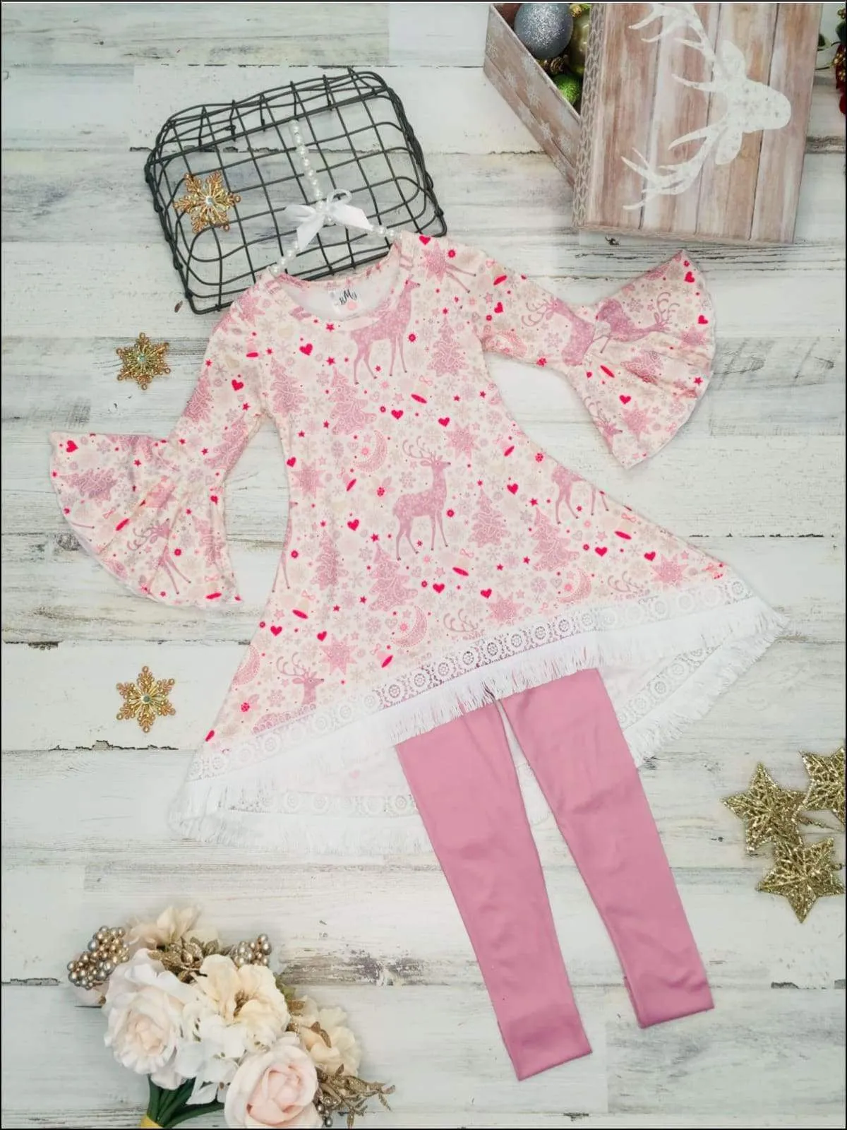 Girls Printed Hi-Lo Flared Long Sleeve Tunic & Matching Leggings Set