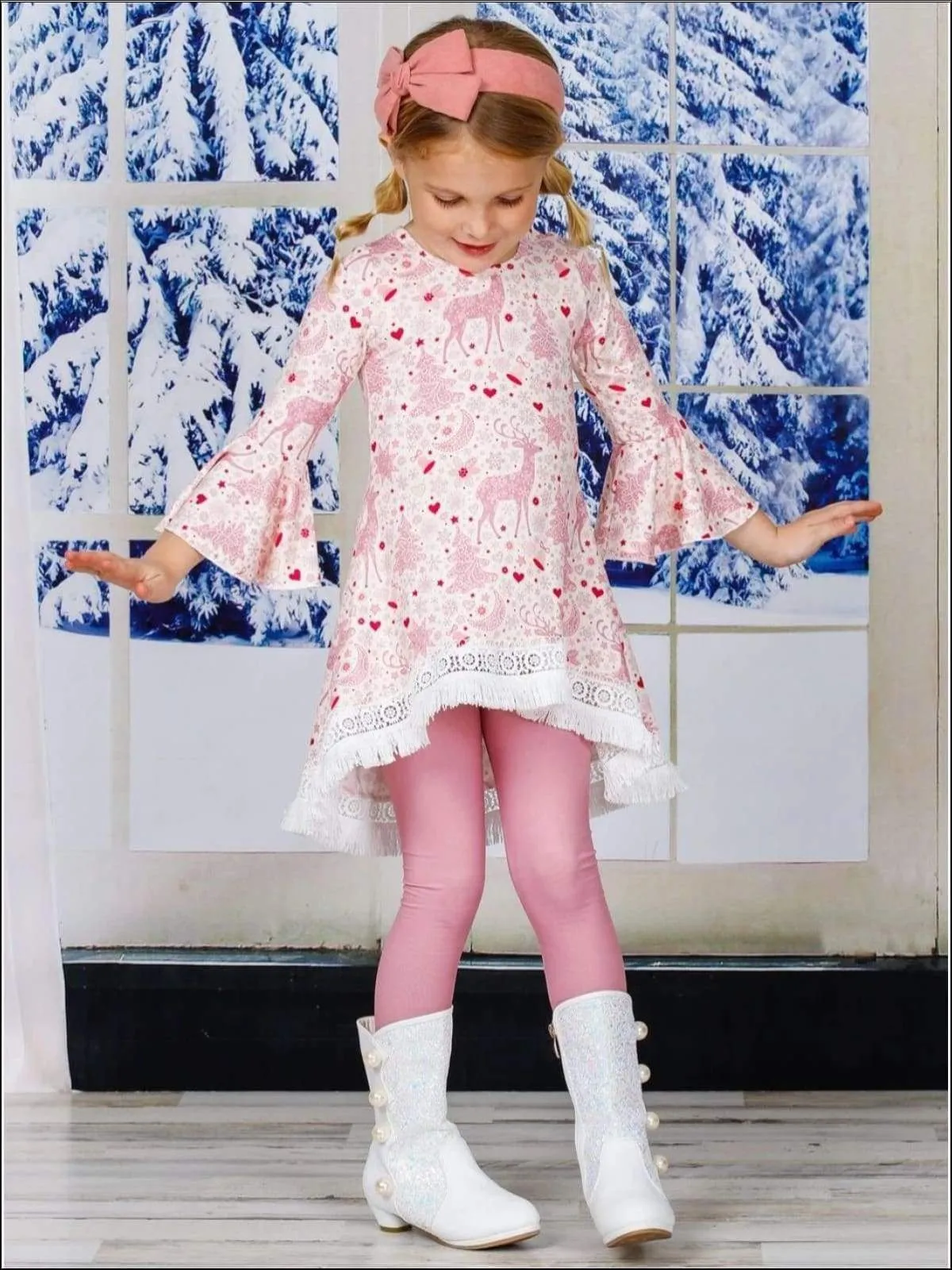 Girls Printed Hi-Lo Flared Long Sleeve Tunic & Matching Leggings Set