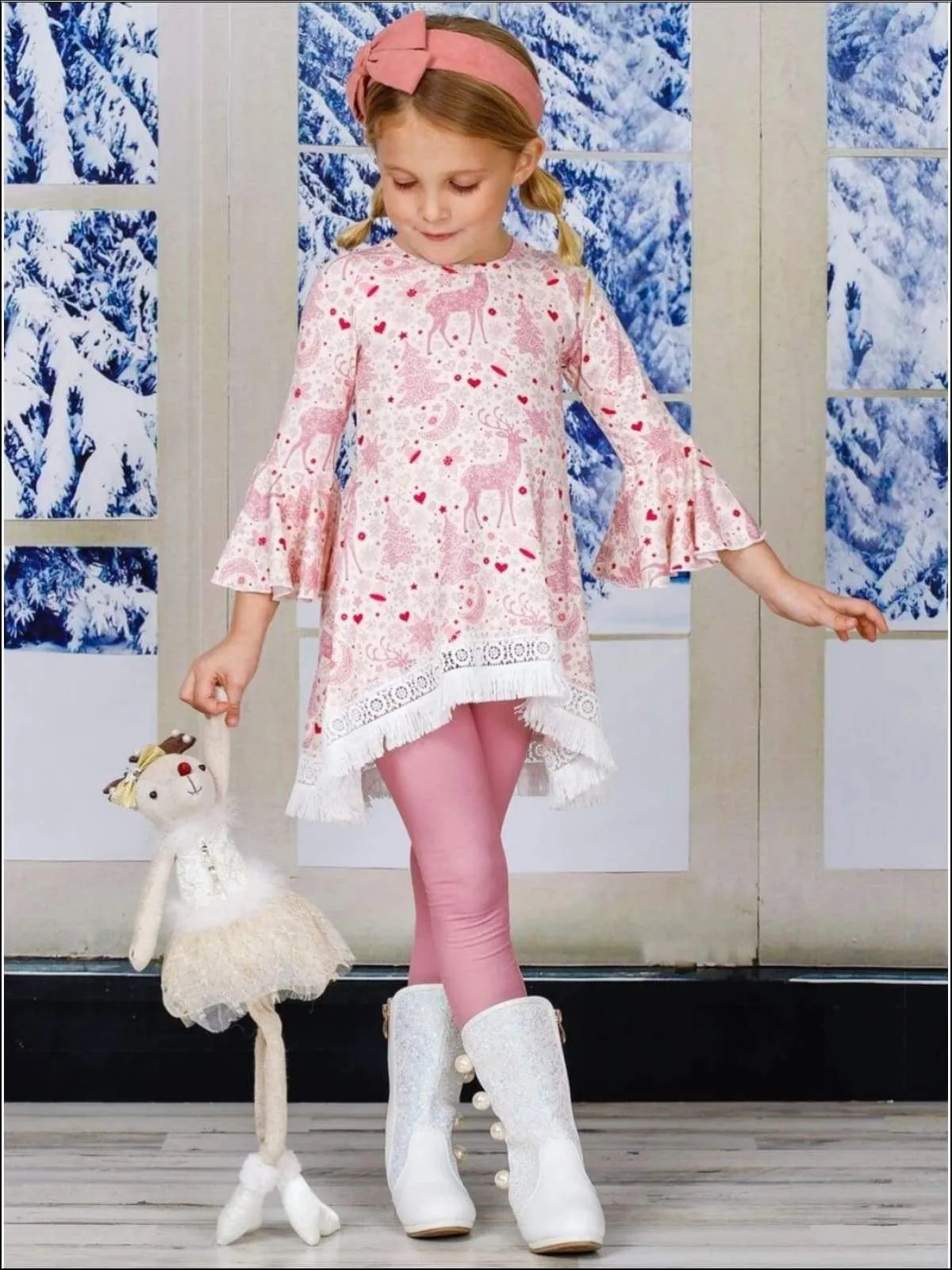 Girls Printed Hi-Lo Flared Long Sleeve Tunic & Matching Leggings Set