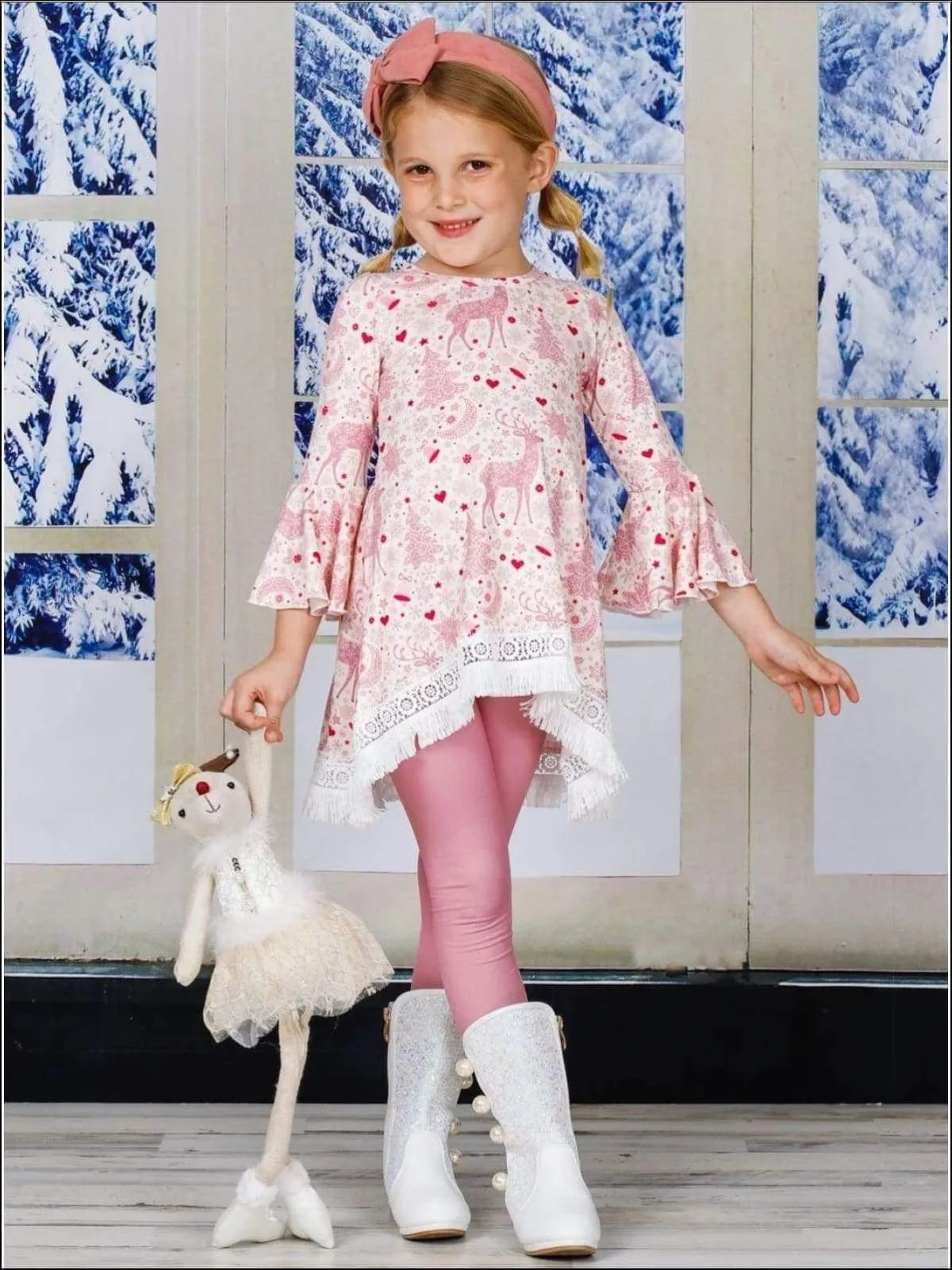 Girls Printed Hi-Lo Flared Long Sleeve Tunic & Matching Leggings Set