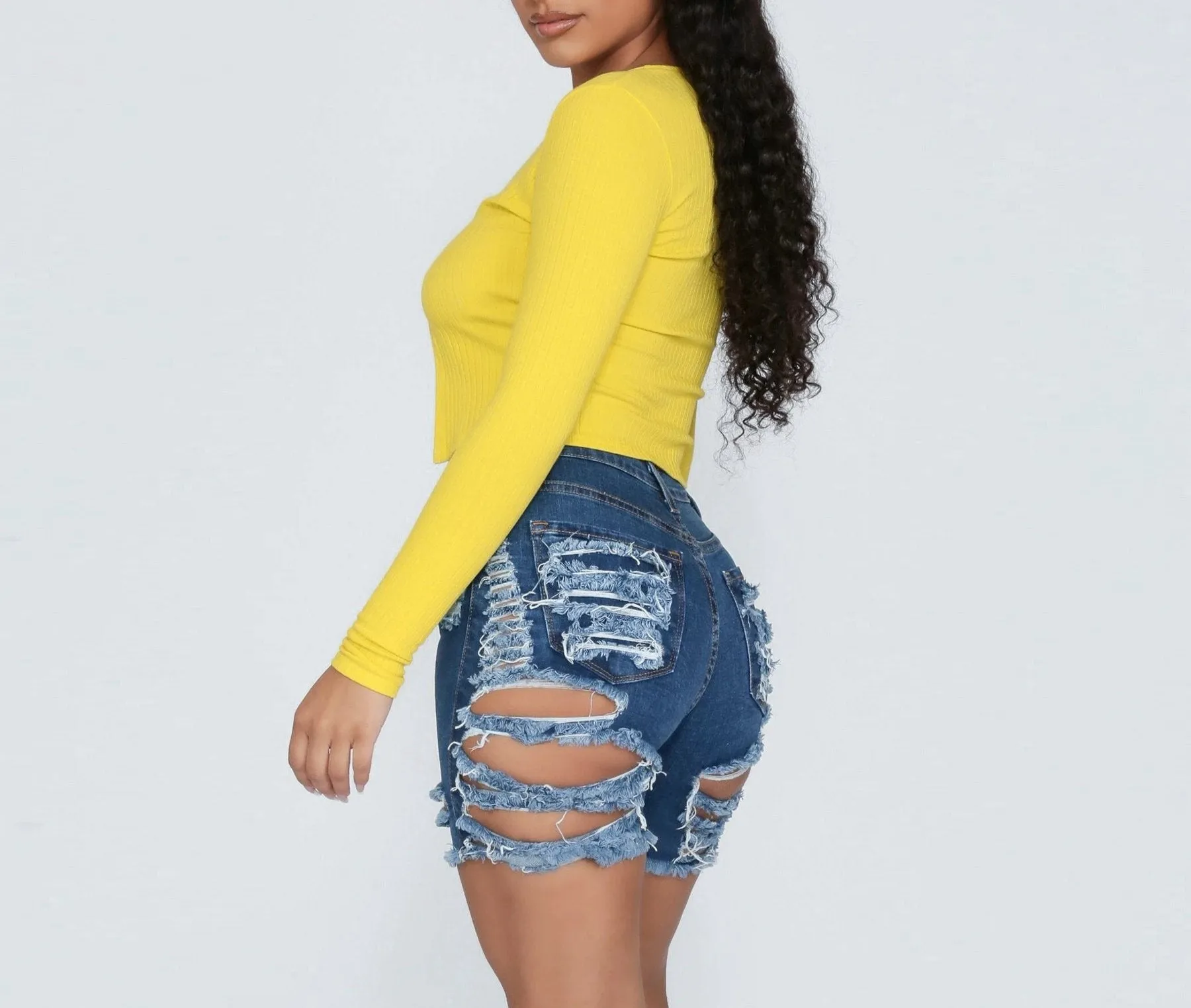 Hand-worn high waist denim shorts