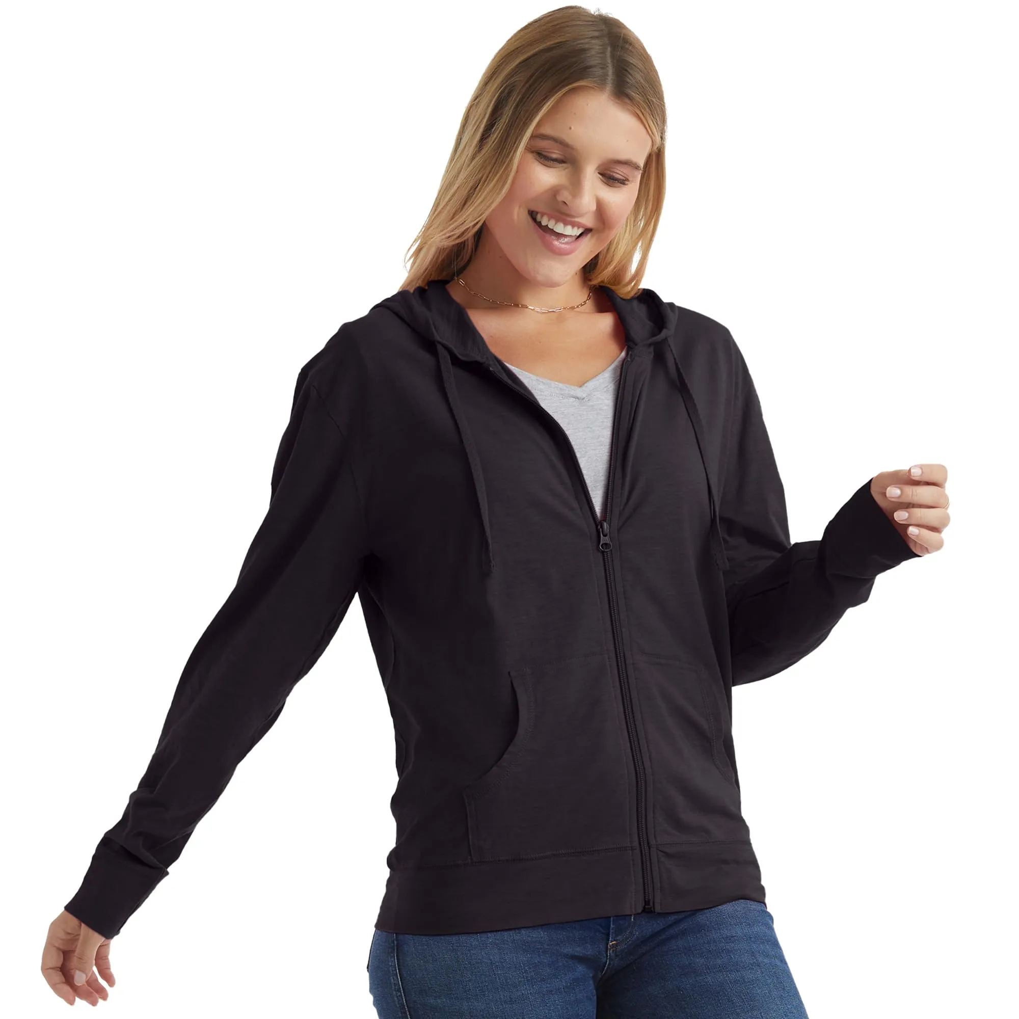Hanes Women's Jersey Full Zip Hoodie, Black